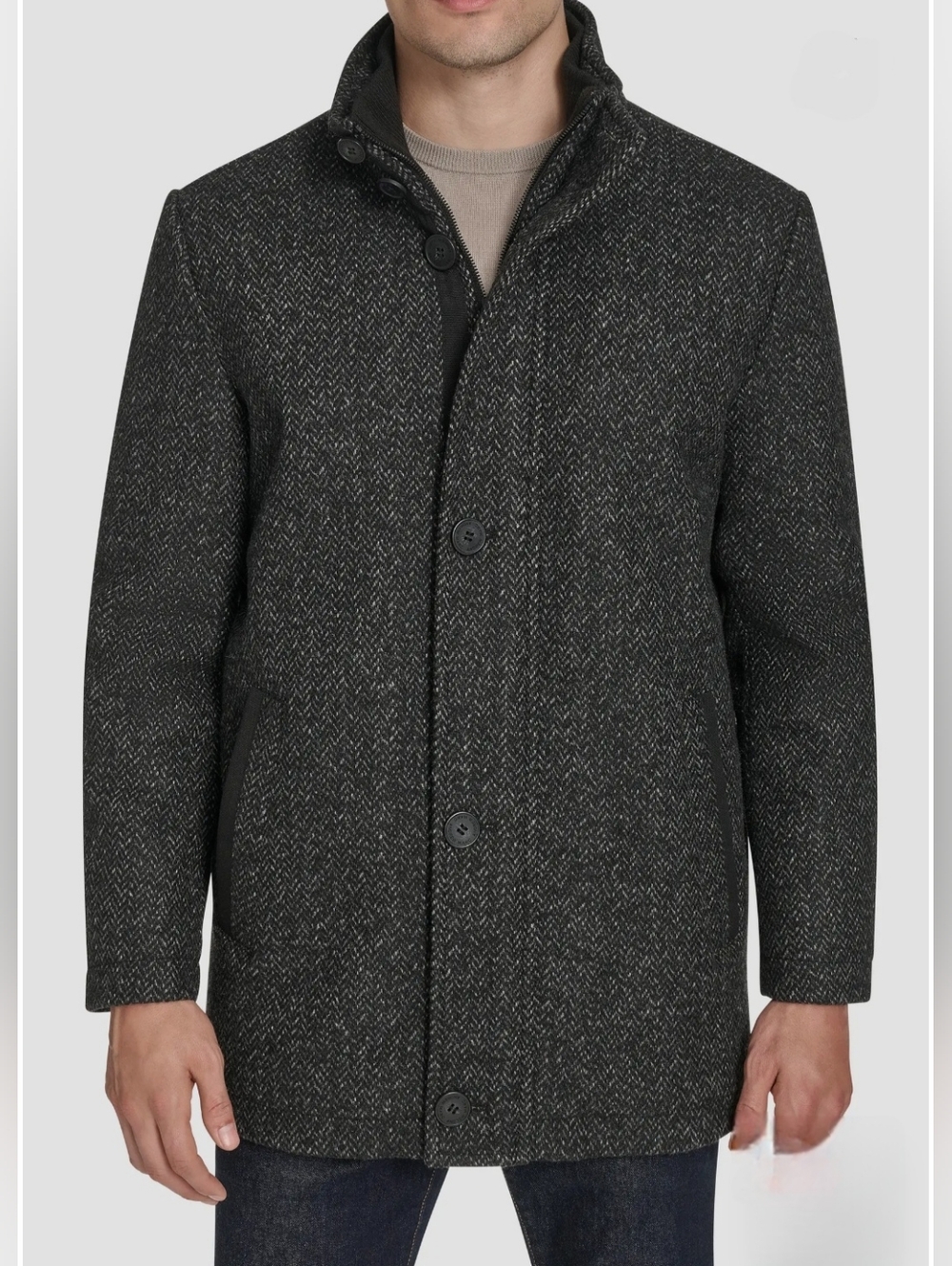 Marc New York Men's Dorcey Charcoal Herringbone Wool Blend Overcoat